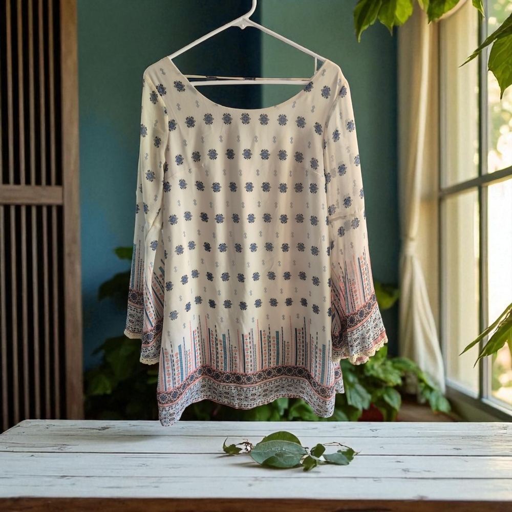 Boho Cream Floral Dress Or Tunic Bell Sleeves Festival Size Medium